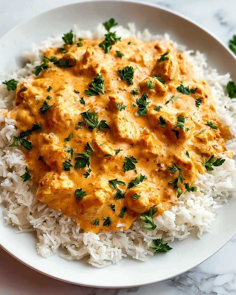 A white bowl filled with a base layer of white rice with visible fluffy grains, topped with a thick creamy light yellow sauce speckled with finely chopped green herbs. On top of the sauce, there are three pieces of golden-brown grilled chicken breasts showing a slight char with crispy edges. The dish is garnished with fresh bright green parsley leaves scattered over the chicken and sauce. The bowl rests on a white marbled surface. photo taken with an iphone --ar 4:5 --v 7