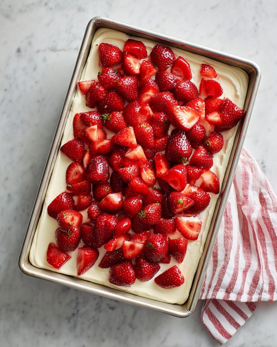 A rectangular cake with two main layers is shown in a silver baking pan on a white marbled surface. The bottom layer is not visible clearly but it supports a thick, smooth white cream spread all over the top. On this cream layer, there is a generous pile of bright red, shiny strawberries, some whole with green tops and many cut into halves or quarters, arranged closely together covering the entire surface. The strawberries have a fresh, juicy texture that contrasts with the soft cream underneath. A white and red striped cloth is visible to the right of the pan. Photo taken with an iphone --ar 4:5 --v 7