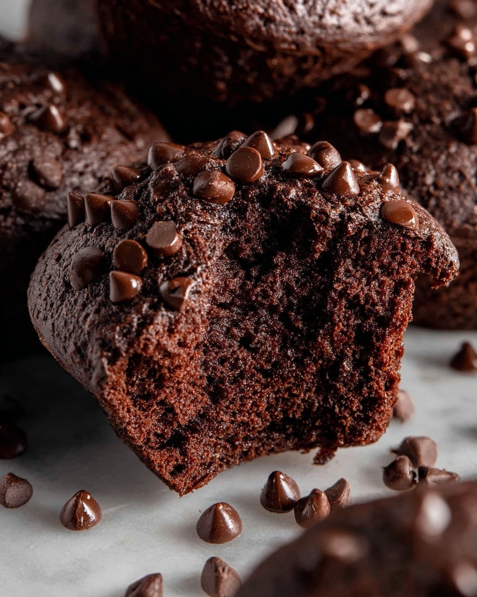 The image shows a close-up of a rich, dark chocolate muffin that is topped with glossy chocolate chips scattered unevenly on the surface. The muffin is broken open, revealing a moist and dense inside with a soft crumb texture all over. Around the main muffin, there are other muffins fully visible with the same dark chocolate color and topped with more chocolate chips. The muffins rest on a white marbled texture that softly reflects some of the muffin's dark tones. The overall look highlights the moistness and abundance of chocolate chips on the muffins. photo taken with an iphone --ar 4:5 --v 7