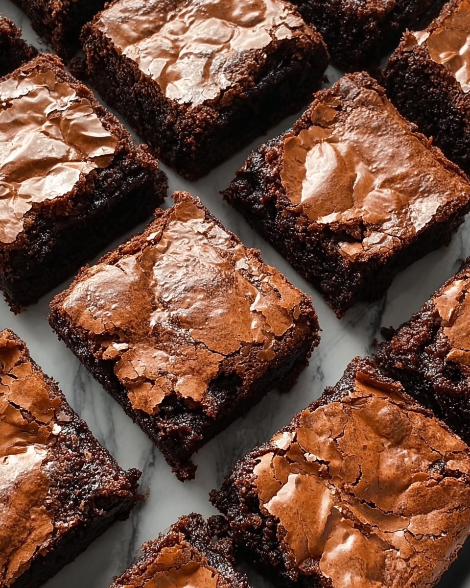 A close-up view of nine square chocolate brownies arranged in a 3x3 grid on a white marbled surface. Each brownie has two layers: a shiny, cracked light brown top layer with small patches of gloss, and a dense, moist, darker brown bottom layer. The edges show slight crumbling and texture variation, emphasizing the softness inside. The squares are evenly cut and closely placed, with small gaps in between. photo taken with an iphone --ar 4:5 --v 7
