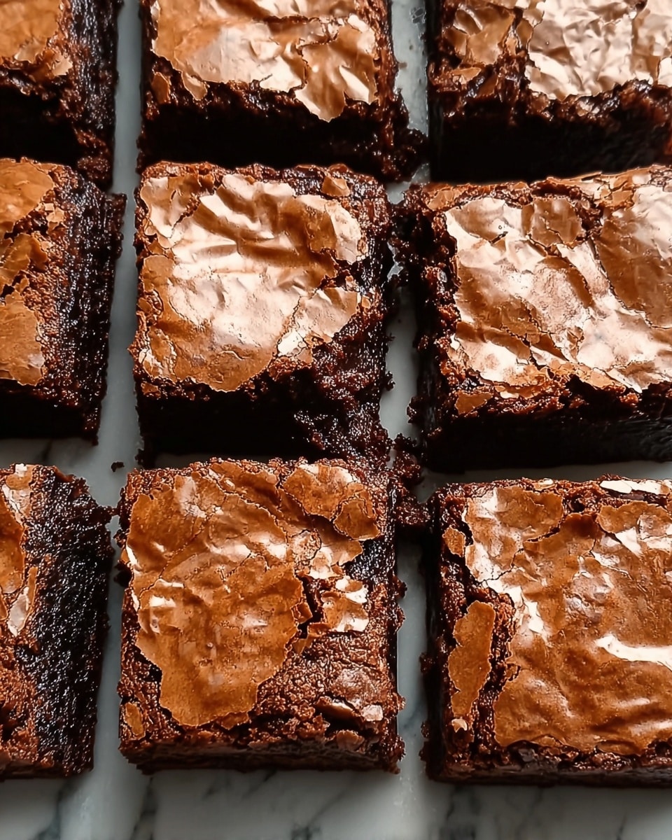 The image shows a close-up of sixteen square brownies arranged in a 4x4 grid, each with a cracked, shiny golden-brown top crust. The brownie layer beneath is dark, rich chocolate brown with a moist, dense texture visible along the edges. The brownies are placed in a baking tray with slight gaps in between them, and the sides reveal a thick, fudgy consistency. The overall look is homemade and inviting, set against a white marbled texture. photo taken with an iphone --ar 4:5 --v 7