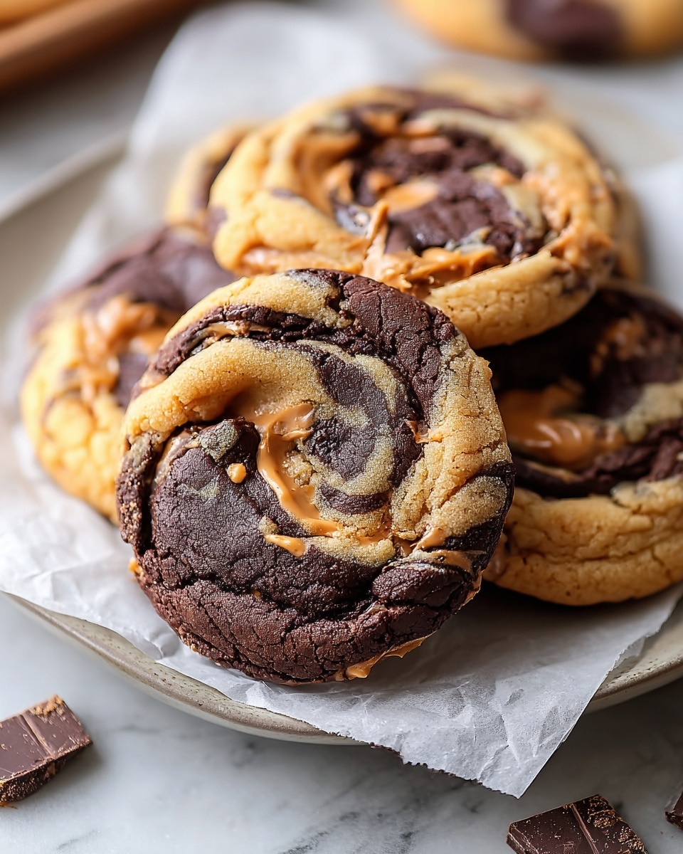 The image shows swirled cookies with two clear layers: one light golden brown layer that looks soft and slightly cracked, and a thick dark chocolate layer with a smooth, rich texture. There are swirls of peanut butter mixed in with the chocolate, giving a mix of creamy light brown and dark brown colors. The cookies are arranged on white parchment paper on a white plate, with chocolate chunks scattered around the plate on a white marbled surface. The cookies have a round shape with uneven edges and a close-up view that highlights their moist texture. Photo taken with an iphone --ar 4:5 --v 7