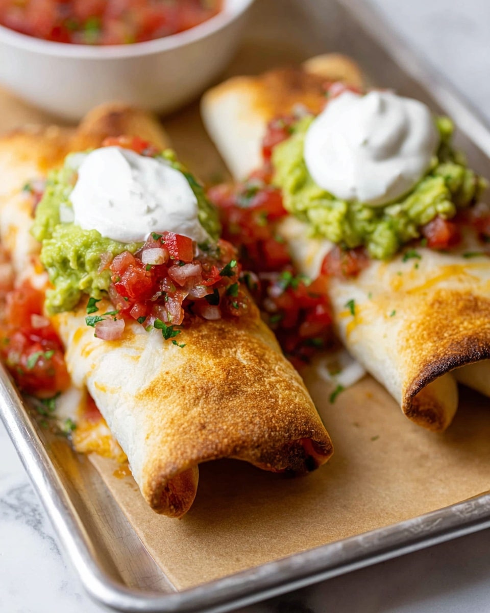 Two baked rolled tortillas sit on a light brown parchment paper on a silver tray with a white marbled texture beneath. Each tortilla is golden and crispy with browned edges. On top of each tortilla, there are three layers of toppings: a bright green chunky guacamole, a mix of red tomato salsa with small pieces of onion and green herbs, and a dollop of smooth white sour cream. In the background, a white bowl with more red tomato salsa is slightly out of focus. The photo taken with an iphone --ar 4:5 --v 7