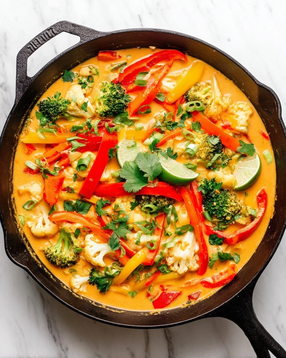A white round bowl is filled with two main layers: one half contains fluffy white rice sprinkled with small green cilantro leaves, and the other half is a colorful vegetable curry with a creamy orange sauce. The curry shows bright green broccoli and cauliflower florets, orange carrot sticks, red bell pepper slices, and some chopped greens, topped with fresh cilantro sprigs. Two slices of lime with bright green skin are placed at the edge between rice and curry. The bowl sits on a white marbled surface next to a gray cloth napkin, with wooden chopsticks and scattered cilantro leaves nearby. photo taken with an iphone --ar 4:5 --v 7