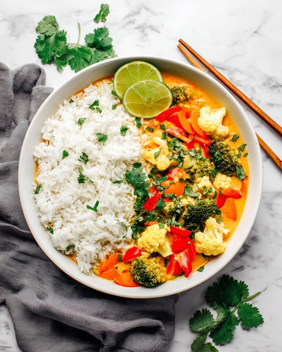 A black cast iron skillet filled with a creamy orange soup base that covers a mix of fresh vegetables. The vegetables include bright red and yellow bell pepper strips, green broccoli florets, white cauliflower pieces, and light orange carrot sticks. There are small chopped onions and fresh green cilantro leaves scattered on top. Two lime wedges rest on the soup near the edge of the skillet. The skillet sits on a white marbled surface. photo taken with an iphone --ar 4:5 --v 7