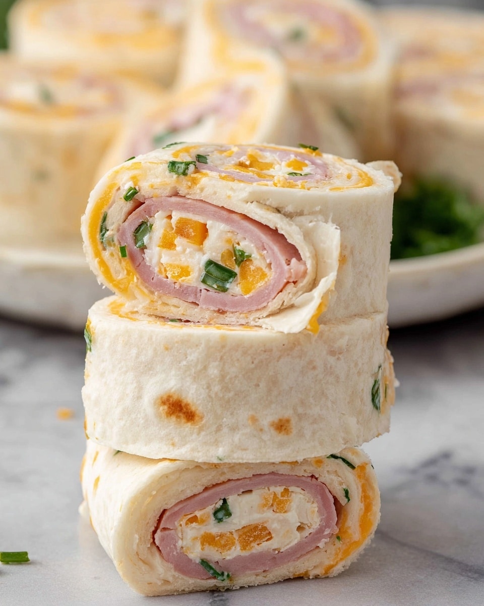 The image shows a close-up of three pinwheel sandwiches stacked on top of each other on a white marbled surface. Each pinwheel has a soft, pale tortilla wrap rolled tightly around colorful layers inside, including a layer of light cream cheese mixed with small orange cheddar cheese bits and green herbs, and a visible slice of pink ham. The texture of the tortilla is smooth and slightly chewy with faint browning marks. In the background, more pinwheels are slightly out of focus on a white plate, all on a white marbled background. photo taken with an iphone --ar 4:5 --v 7