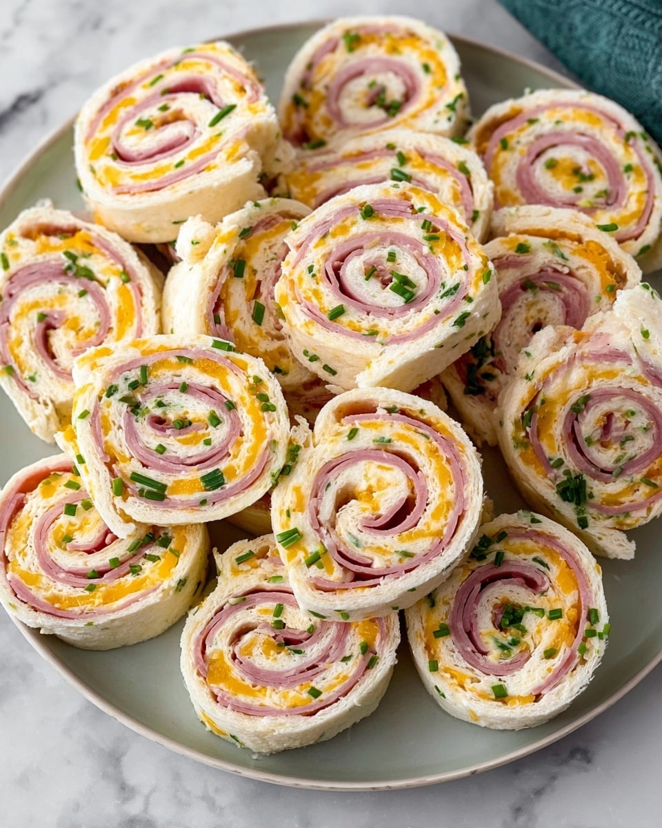 The image shows multiple spiral pinwheel sandwiches piled on a white plate with a slightly raised rim. Each pinwheel has three clear layers: a thin outer layer of a smooth, soft, white tortilla, a middle layer of creamy yellow cheese mixed with finely chopped green herbs, and an inner layer of thinly sliced pink ham, all tightly rolled and sliced into even rounds. The sandwiches are arranged closely together, showing the detailed swirls of cheese, herbs, and ham inside, and the plate sits on a surface with a white marbled texture. photo taken with an iphone --ar 4:5 --v 7