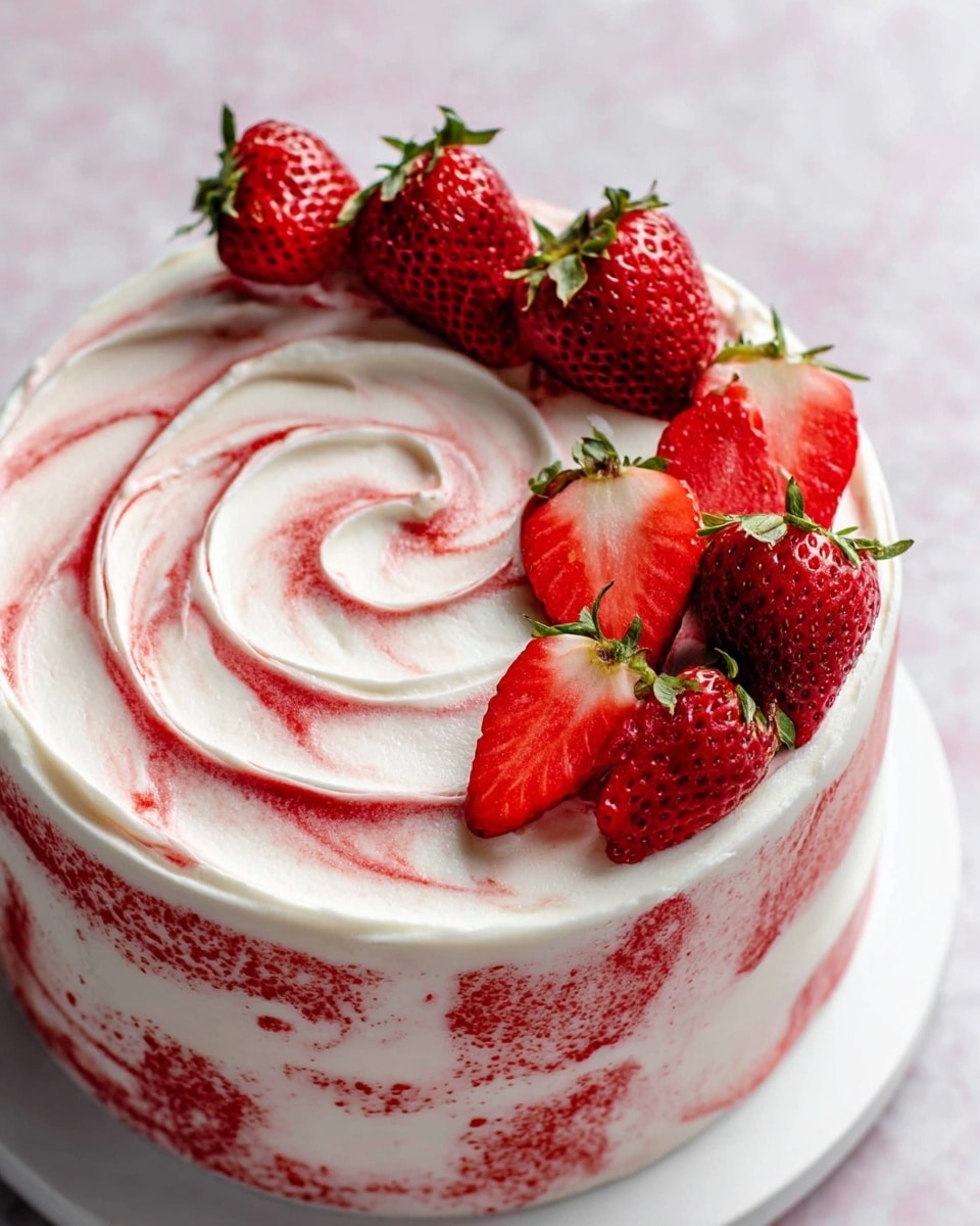 A round cake with two visible layers covered in white cream that has red strawberry swirls, creating a soft spiral pattern on top. The sides are also coated in the same white cream with light red streaks. The top is decorated with several halved fresh strawberries placed neatly on one side along the edge. The cake is placed on a white plate, sitting on a white marbled texture surface. photo taken with an iphone --ar 4:5 --v 7