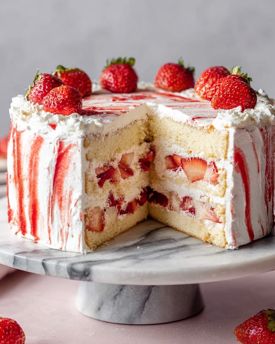 A three-layer vanilla sponge cake with a white whipped cream frosting swirled with red strawberry sauce on top and around the sides. Between each cake layer is a layer of whipped cream mixed with sliced strawberries, showing red fruit pieces inside. The top of the cake is decorated with whole fresh strawberries. The cake sits on a white marble cake stand with a gray marble base, placed on a white marbled surface. A large slice is cut and positioned next to the main cake, showing the creamy, fruity layers inside clearly. photo taken with an iphone --ar 4:5 --v 7