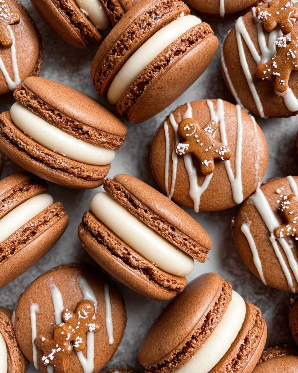 The image shows several chocolate brown macarons arranged closely together on a white marbled texture. Each macaron has two smooth, rounded cookie layers with a slightly rough edge where they meet a thick, creamy off-white filling. Some macarons have two diagonal thin white icing lines on top, decorated with small light brown gingerbread man-shaped sprinkles placed between and along the lines. The overall texture is smooth with a soft sheen, highlighting the rich brown and cream colors and the cute gingerbread decorations. photo taken with an iphone --ar 4:5 --v 7