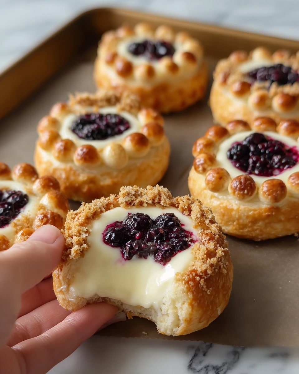 A group of five golden-brown, round pastries with a shiny crust sits on a brown wooden surface. Each pastry has a circular top layer made of glossy dough shaped into small round knobs around the edge. Underneath these knobs is a ring of plump dark purple berries embedded in creamy white filling, with one pastry showing the creamy filling slightly oozing out where a bite is taken. The crust is sprinkled with light brown crumb topping that adds texture. A woman's hand holds the bitten pastry at the front, showing the soft inside layers. Photo taken with an iphone --ar 4:5 --v 7