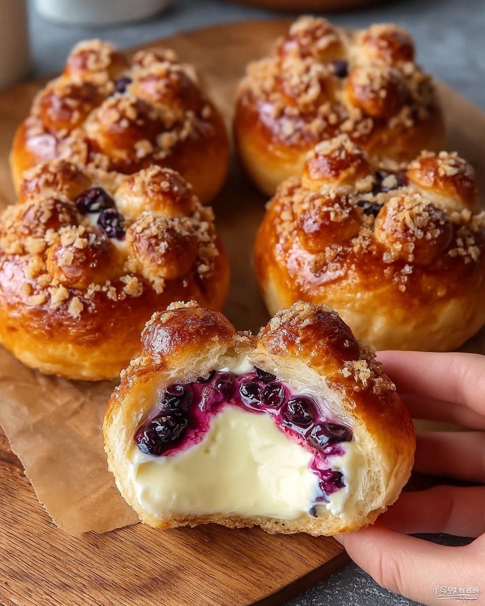 The image shows six small round pastries with a golden brown crust, arranged on a baking tray. Each pastry has a raised border decorated with small round dough pieces, lightly browned. The center is filled with a smooth cream that is white and glossy, surrounded by a ring of dark purple berries with a shiny, juicy texture. The top edge of each pastry is sprinkled with a crumbly, light brown topping. One pastry in the front has a bite taken out, revealing its soft, fluffy inside and creamy filling. A woman's hand is holding this bite pastry. The background has a white marbled texture. Photo taken with an iphone --ar 4:5 --v 7