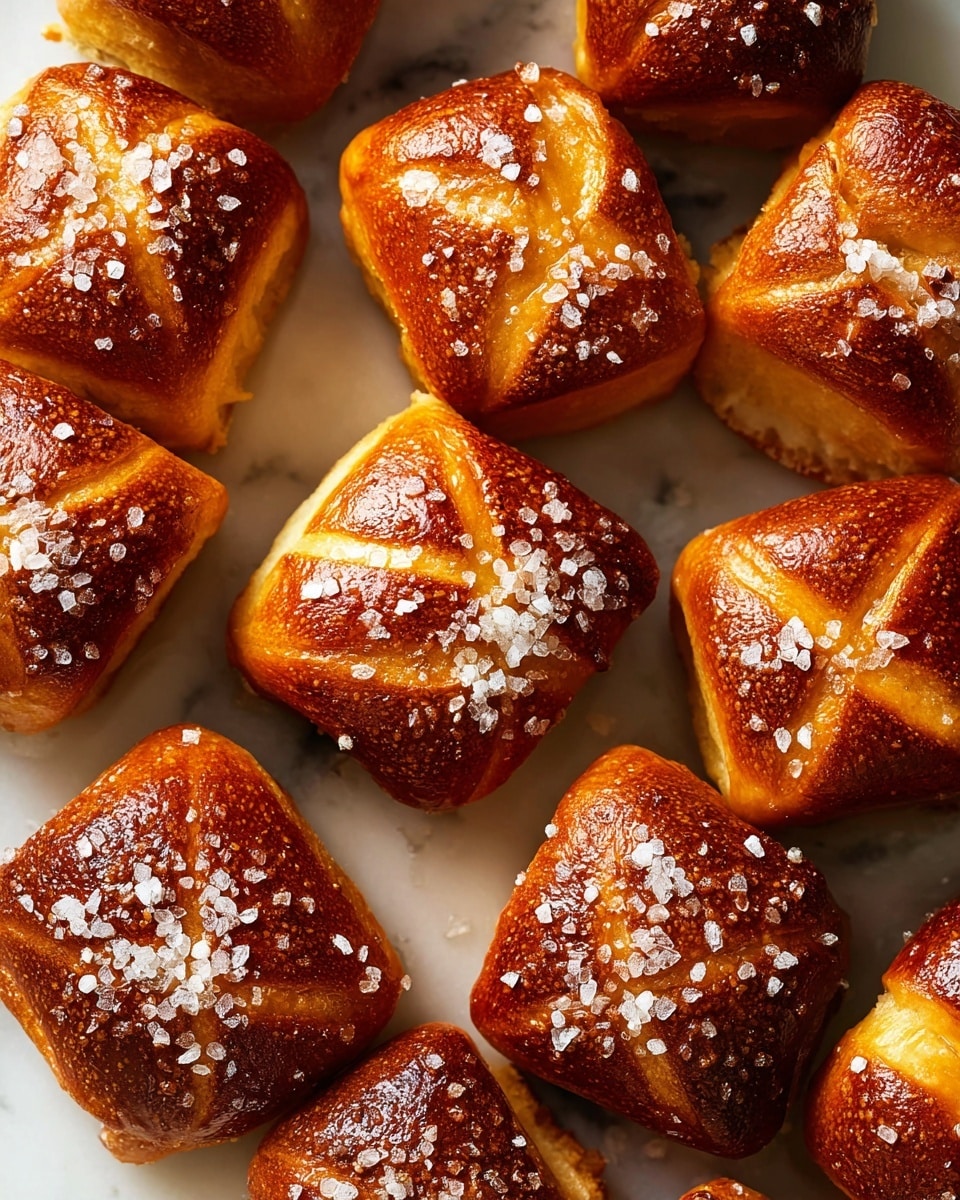 The image shows several small, square-shaped soft pretzel bites with a shiny, dark golden brown crust on top. Each piece has a crisscross pattern and is sprinkled evenly with coarse salt crystals that glisten in the light. The pretzel bites have a smooth, slightly puffed texture with lighter golden edges, all placed closely together on a white marbled surface. photo taken with an iphone --ar 4:5 --v 7