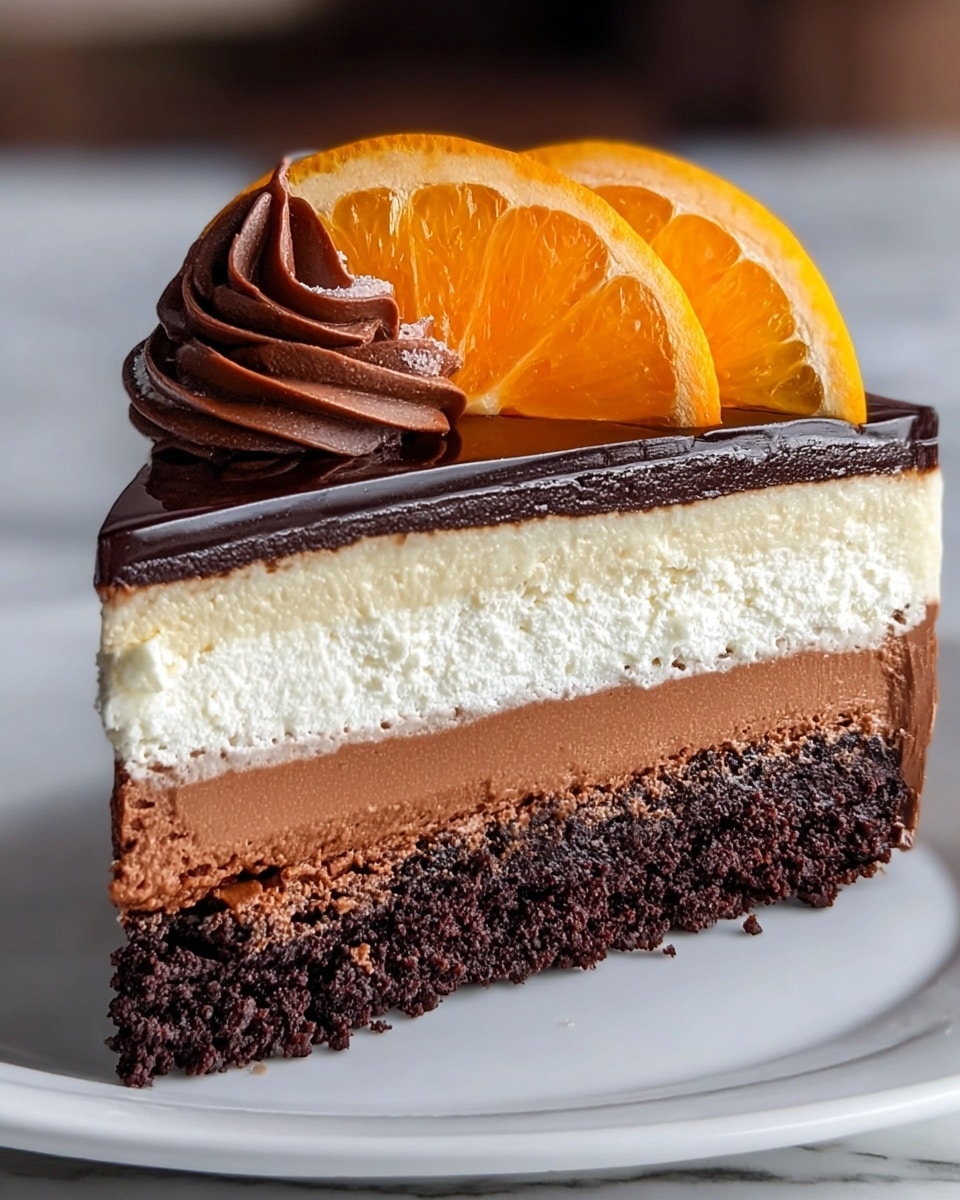 A slice of layered chocolate mousse cake sits on a white plate against a white marbled texture. The cake has five distinct layers: a dark brown crumbly crust at the bottom, a thick dark chocolate layer above it, followed by a smooth white cream layer, then a milk chocolate mousse layer, and a shiny dark chocolate ganache topping. On top of the cake, there are two bright orange slices placed side by side and a swirl of rich dark chocolate cream to the left of the orange slices. The textures range from crumbly at the base to glossy on top. Photo taken with an iphone --ar 4:5 --v 7