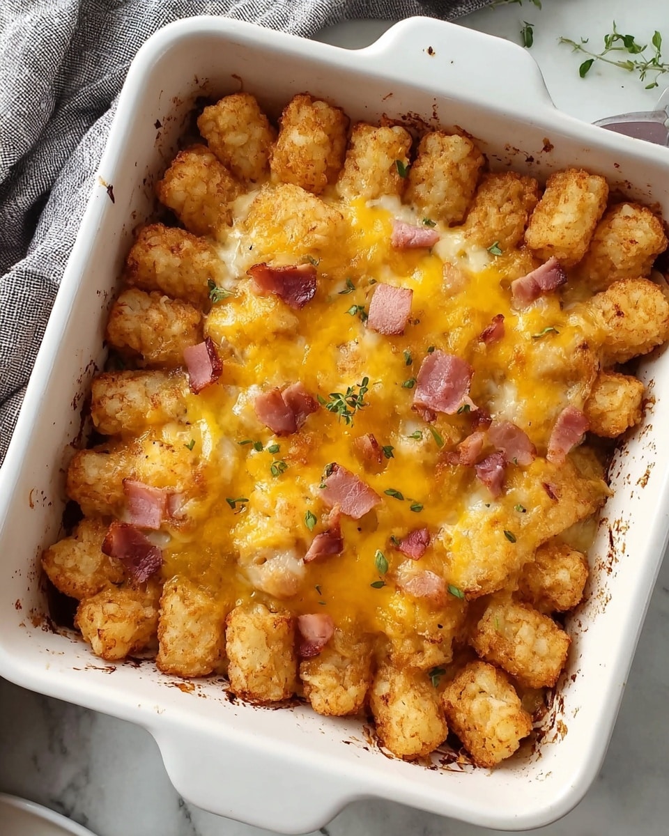 A white square baking dish filled with two main layers: the bottom layer is made of crispy tater tots arranged closely, showing a golden-brown fried texture, while the top layer is melted yellow cheddar cheese scattered unevenly, with small pieces of cooked ham placed on top and a few tiny green herb leaves sprinkled as garnish. The edges of the dish show slight baking marks, and the dish sits on a white marbled surface with a gray cloth partially visible nearby. photo taken with an iphone --ar 4:5 --v 7