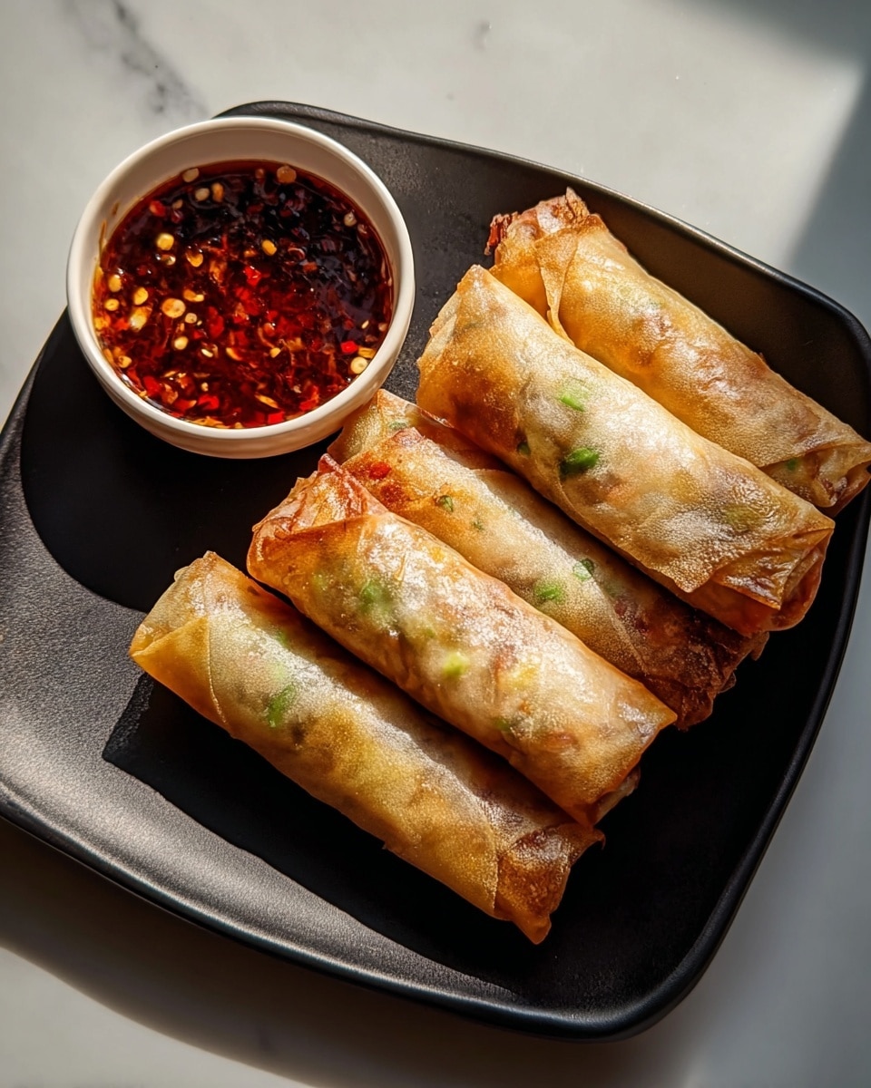 The image shows four golden brown spring rolls with crispy, slightly shiny wrappers, placed closely together on a black square plate. The rolls have visible hints of green and light brown filling through the thin wrapper. At the top left corner of the plate, a small white round bowl holds dark red dipping sauce with visible chili flakes and seeds floating on the surface. The plate sits on a white marbled surface, with natural light creating soft shadows on the right side, highlighting the textures of the spring rolls and sauce. photo taken with an iphone --ar 4:5 --v 7