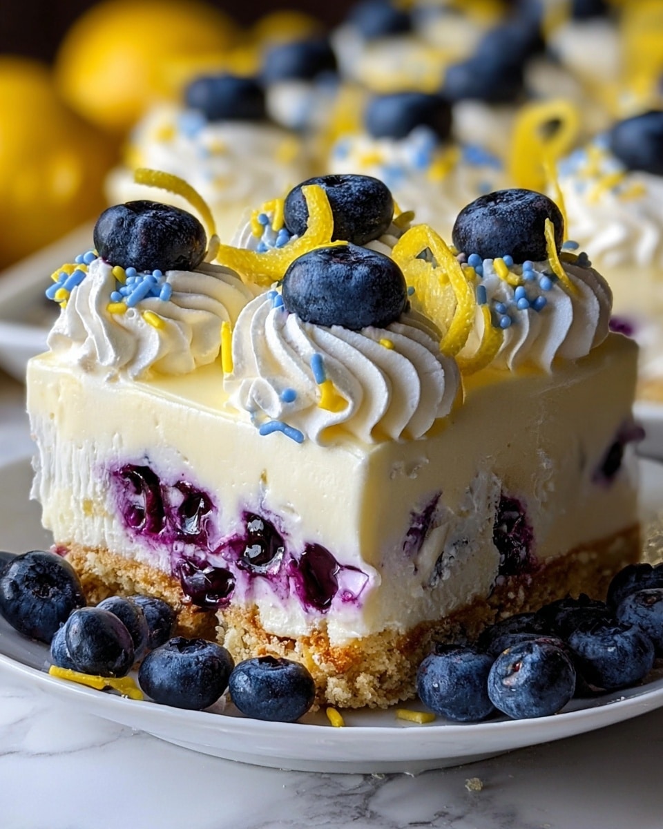 This is a square-shaped dessert with three visible layers. The bottom layer is a crumbly, light brown crust. The middle layer is thick, smooth, and creamy white with scattered whole blueberries embedded within. The top layer is a fresh, fluffy white cream with swirls and dollops, decorated with whole blueberries and thin, curly yellow lemon peel strips scattered on top. The dessert is placed on a white plate with a subtle decorative edge, and fresh blueberries and lemon peels are also seen around the plate on a white marbled surface. Photo taken with an iphone --ar 4:5 --v 7