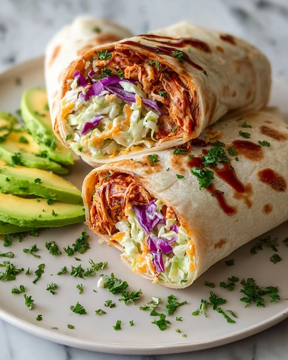 The image shows two large burritos cut in half, placed on a white round plate with slices of avocado on the side. The burrito wrapper is light beige with some brown spots from cooking. Inside, there are three clear layers: shredded reddish-brown chicken with a drizzle of dark brown sauce on top, a colorful mix of purple cabbage and light green coleslaw with some orange shredded cheese mixed in. Fresh chopped green herbs are sprinkled over the burritos and scattered on the white marbled surface. The avocado slices are bright green and placed neatly next to the burritos. Photo taken with an iphone --ar 4:5 --v 7