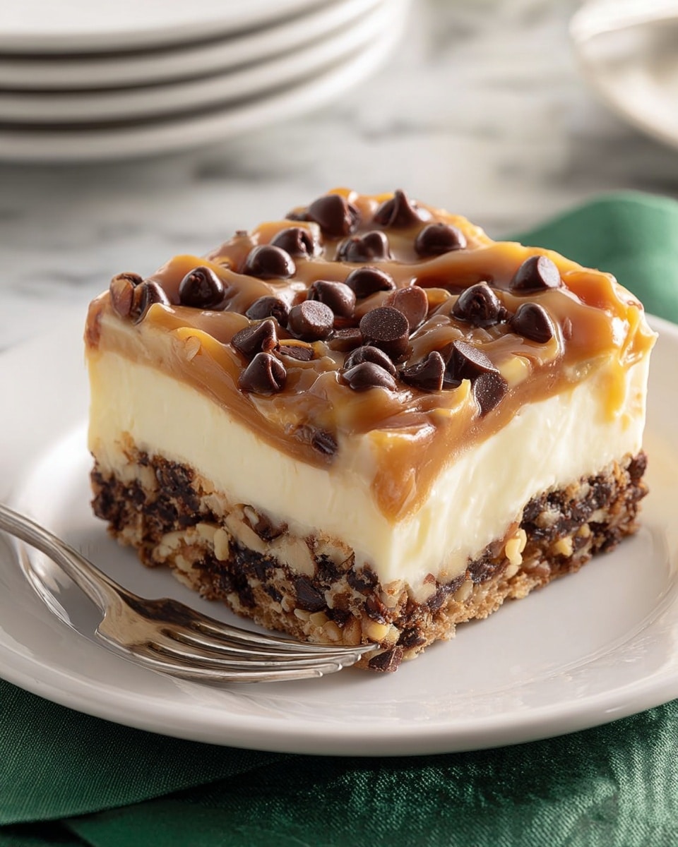 A square slice of layered dessert sits on a white plate with a fork beside it. The bottom layer is a crunchy brown crust with visible nuts. On top of this is a thick, creamy white layer, smooth in texture. Above this is a gooey caramel layer mixed with dark chocolate chunks, creating a rich, melted look. The topmost layer is a light tan caramel glaze, covered with small, shiny dark chocolate chips scattered evenly across. The plate rests on a white marbled surface with a green cloth underneath, and blurred white plates can be seen in the background. Photo taken with an iphone --ar 4:5 --v 7