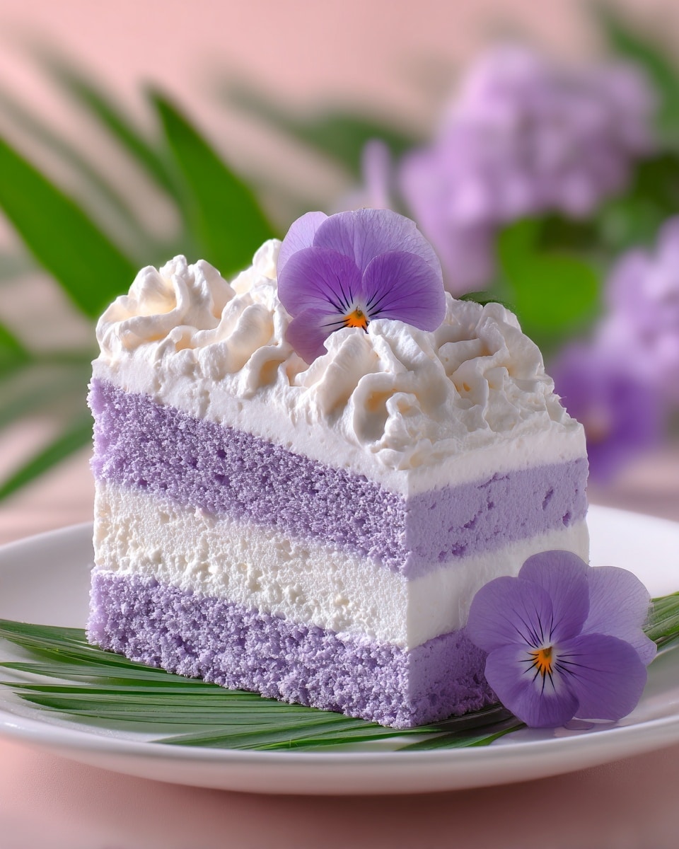A slice of cake with three visible layers sits on a white plate with a green leaf beneath it; the bottom and top layers are light purple and spongy, while the middle layer is a slightly lighter purple and creamy. On top of the cake, there are dollops of white whipped cream arranged in a small cluster, and a single purple flower with a yellow center rests gently on the cream. The background shows blurred purple flowers and green leaves on a white marbled texture, creating a soft and fresh look. Photo taken with an iphone --ar 4:5 --v 7