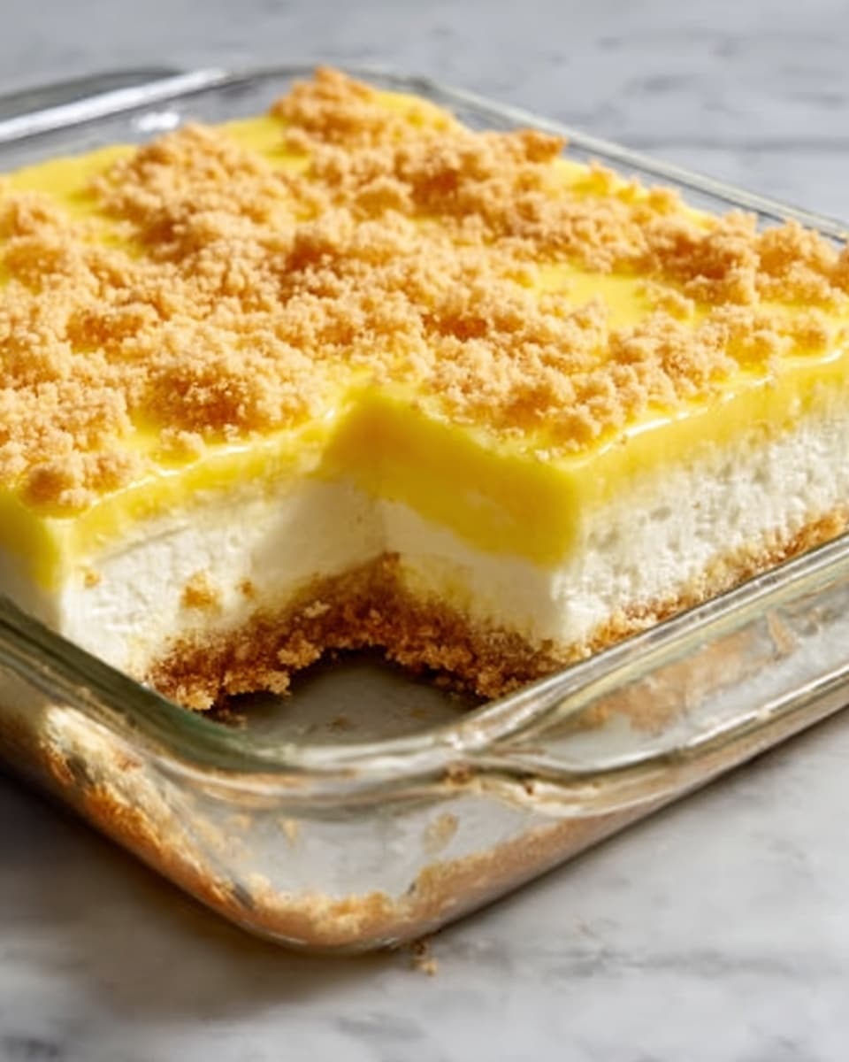 The image shows a clear glass rectangular dish with a three-layer dessert. The bottom layer is a crumbly light brown crust. The middle layer is thick, smooth, and white, resembling a creamy filling. The top layer is a bright yellow custard with a slightly uneven texture and a crumbly topping scattered over it. A piece has been cut out from the dish, revealing the distinct layers clearly. The dish rests on a white marbled surface. Photo taken with an iphone --ar 4:5 --v 7