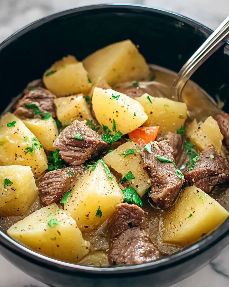 The image shows a close-up of a white pot filled with a stew made of two main layers: large yellow potato chunks and medium-sized brown beef pieces. The potatoes have a soft texture with slight browning on some edges, and the beef pieces are tender with visible grill marks and a pinkish center on some pieces. The stew is lightly coated with a brown sauce or broth. Small green parsley leaves are sprinkled on top, adding a fresh touch. The pot rests on a white marbled surface, and a silver spoon is partially visible on the right side inside the pot. photo taken with an iphone --ar 4:5 --v 7