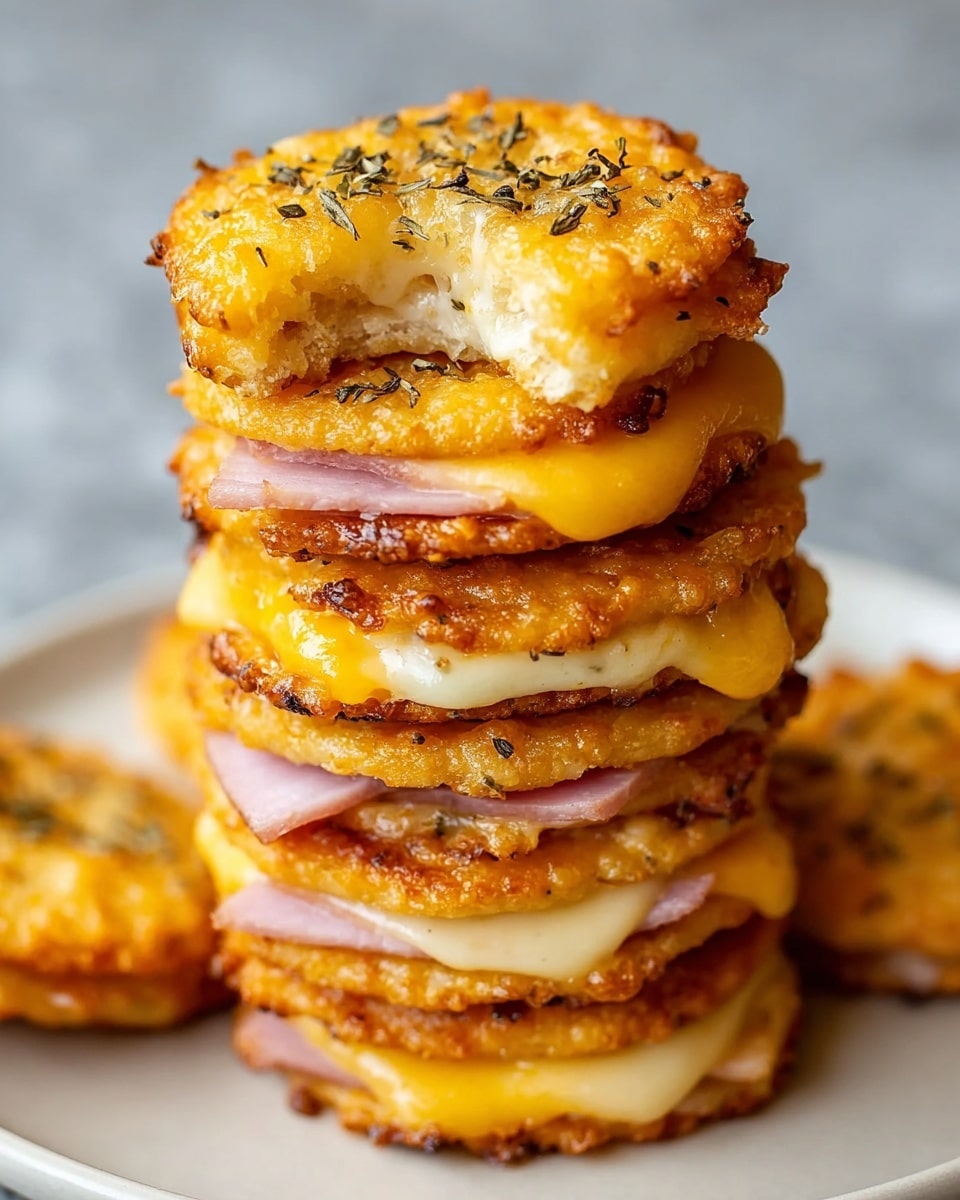 A stack of six breakfast sandwich bites is shown on a white plate with a white marbled texture background. Each sandwich has three visible layers: a round, golden-brown, crispy cheese cracker on the top and bottom, with melted, gooey yellow cheese and a thin slice of pink ham in between. The top cracker is sprinkled with dried herbs, and the sandwich near the top has a bite taken out of it, showing the melted cheese stretch. The texture of the crackers looks crispy and slightly bubbly. Photo taken with an iphone --ar 4:5 --v 7