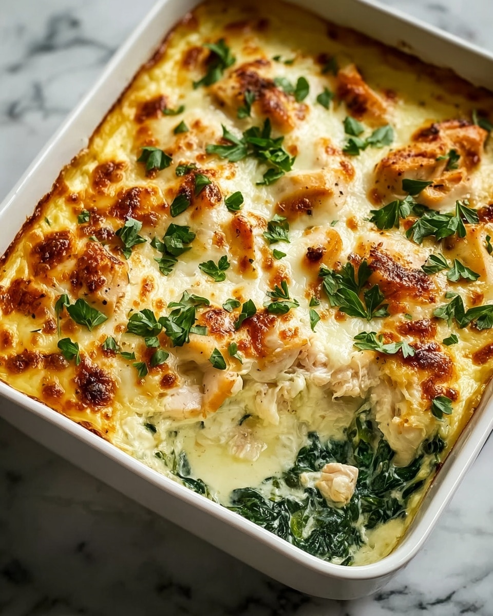 A white rectangular baking dish contains a creamy spinach and chicken casserole with three clear layers: the bottom layer is cooked spinach with a dark green, leafy texture; the middle layer shows chunky, tender white chicken pieces; the top layer is melted cheese with golden brown and slightly crispy spots, garnished with scattered fresh green herbs. The dish rests on a surface with a white marbled texture. Photo taken with an iphone --ar 4:5 --v 7