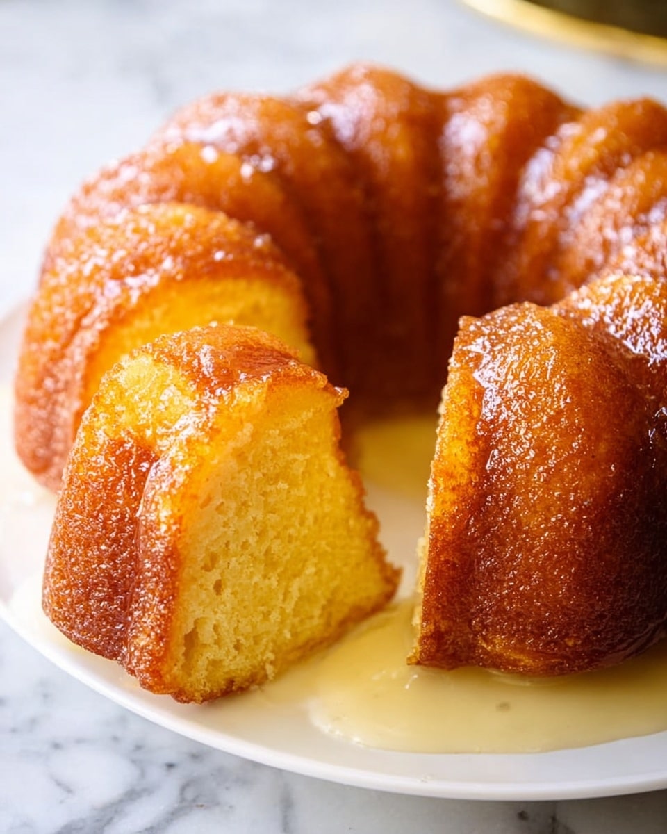 A close-up of a shiny golden-brown bundt cake with a moist texture, showing a slice cut out to reveal a soft, light yellow inside. The cake sits on a white plate with a small pool of cream or glaze around its base, highlighting its glossy surface. The background is a white marbled texture that softly contrasts with the warm tones of the cake. Photo taken with an iphone --ar 4:5 --v 7
