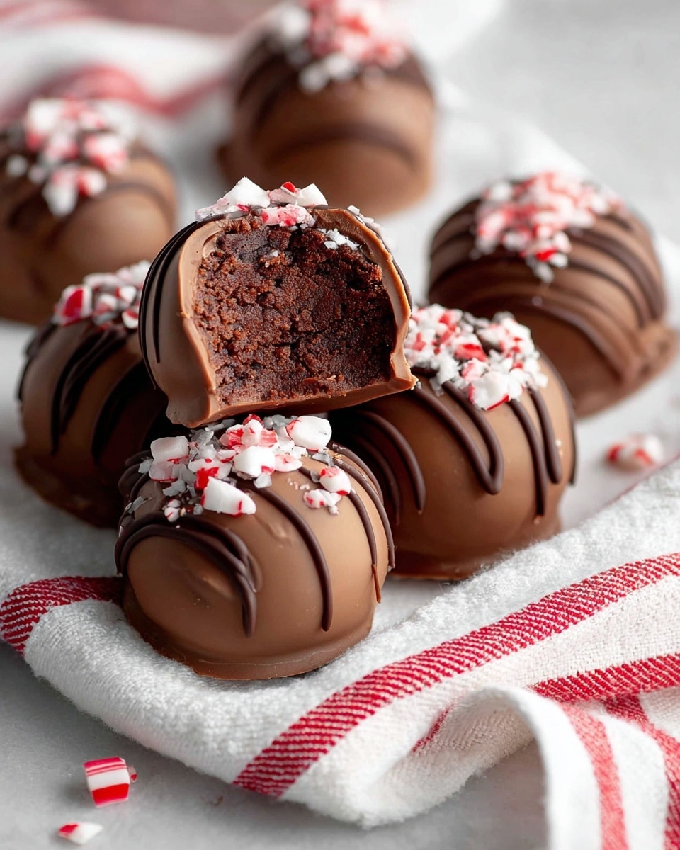 The image shows several round chocolate truffles placed on a white surface with a red and white striped cloth beneath them. Each truffle has a smooth milk chocolate coating with thin chocolate drizzles on top. Some are decorated with crushed red and white peppermint candy pieces. The truffle in the center is bitten into, revealing a dense, dark chocolate inside mixed with small bits of red peppermint. The overall look is festive and rich with a contrast of smooth and crunchy textures. Photo taken with an iphone --ar 4:5 --v 7