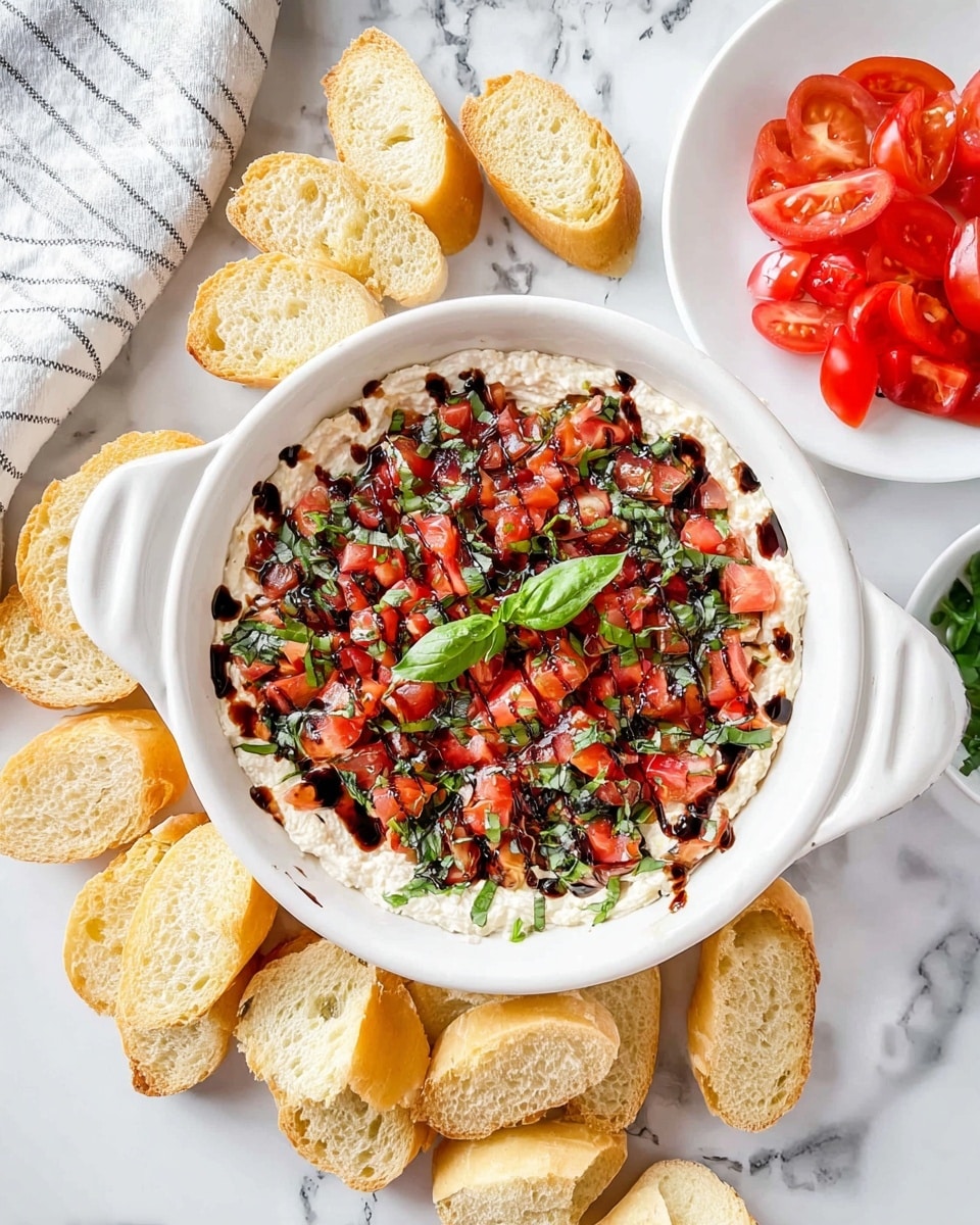 A round white dish with two small handles holds a two-layer dip. The bottom layer is creamy white, smooth cream cheese spread evenly. The top layer is a mix of chopped red tomatoes and dark green basil leaves, drizzled with a dark balsamic glaze, giving a shiny look. Around the dish are slices of light golden crusted baguette, some placed in pairs and some in small stacks, all set on a white marbled surface. On the top right, a white plate holds fresh tomato slices and is next to a white and grey striped cloth. Photo taken with an iphone --ar 4:5 --v 7