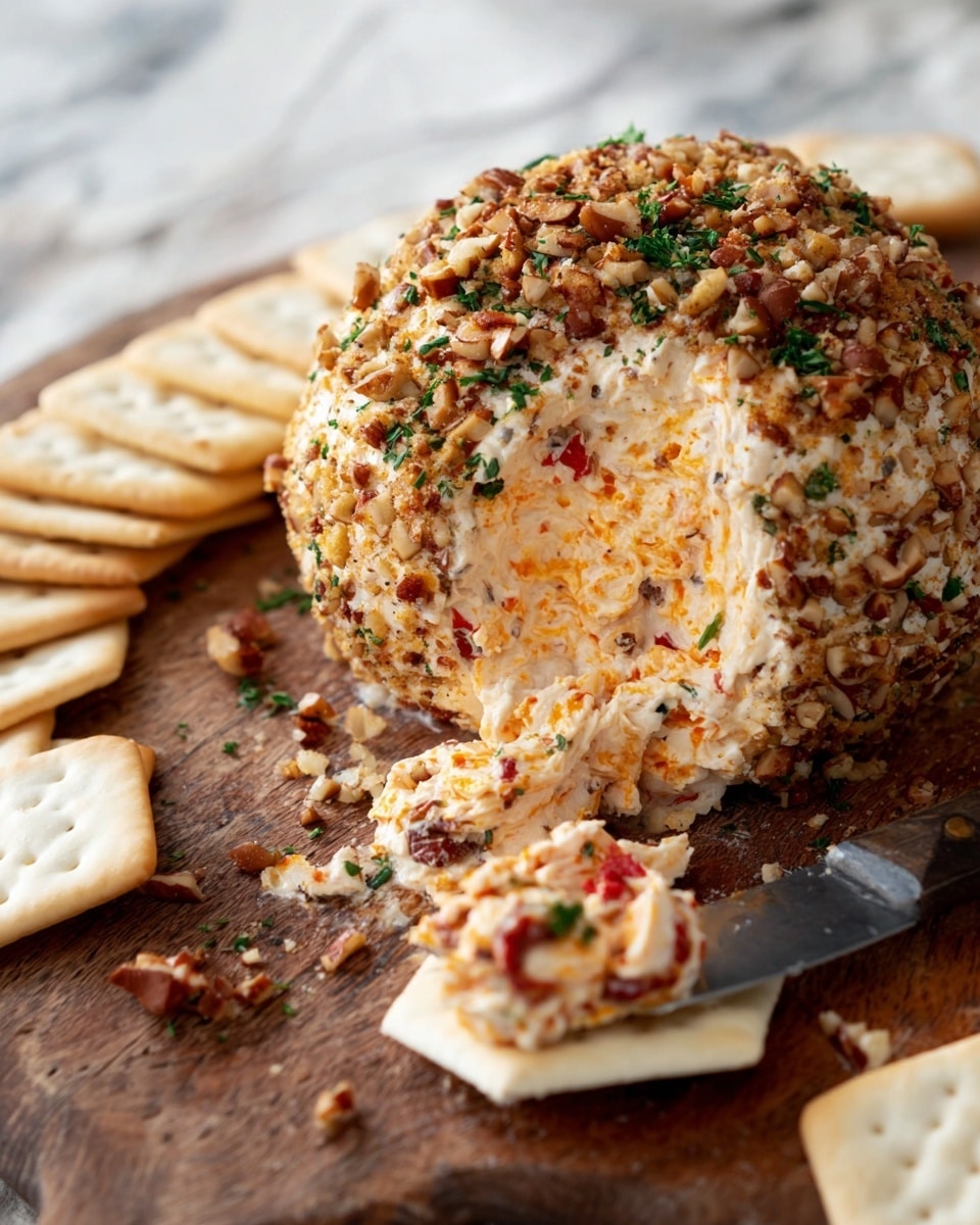 A round cheese ball sits on a wooden board, with a rough outer layer coated in chopped nuts and green herbs, showing a creamy, slightly orange-speckled inside where a bite is taken out. Nearby, a white cracker holds a spread of the cheese mixture with visible bits of red and green, applied with a dark knife resting on the cracker. Several more white crackers are scattered around the board. The background is a white marbled texture. Photo taken with an iphone --ar 4:5 --v 7
