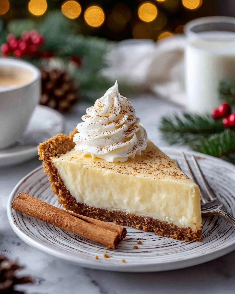 A slice of pie is shown on a white plate with a swirled design, sitting on a white marbled surface. The pie has three layers: a thick, crumbly brown crust at the bottom, a smooth pale yellow creamy filling in the middle, and a small generous swirl of white whipped cream on top, sprinkled lightly with brown spice powder. Next to the pie slice is a cinnamon stick and a silver fork. In the background, there is a white cup and saucer, a glass of milk, blurred festive lights, green pine branches, and pinecones with red berries. Photo taken with an iphone --ar 4:5 --v 7