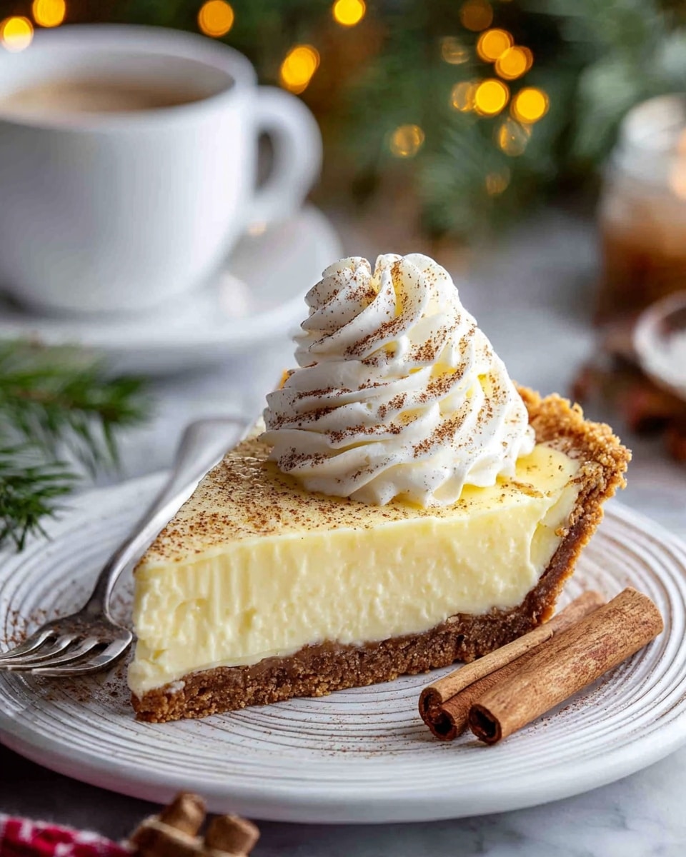 A slice of creamy yellow pie with a golden brown crust sits on a white plate with a swirled design, topped with a tall swirl of white whipped cream sprinkled with brown cinnamon powder. The pie has two distinct layers: a thick, smooth creamy filling in the center and a darker crumbly crust at the bottom, with the crust edge slightly folded over the filling on one side. Next to the slice, there is a cinnamon stick and a silver fork on the plate. In the background, there is a white cup and saucer on a white marbled surface, with softly blurred warm yellow lights and green pine branches adding a festive touch. Photo taken with an iphone --ar 4:5 --v 7