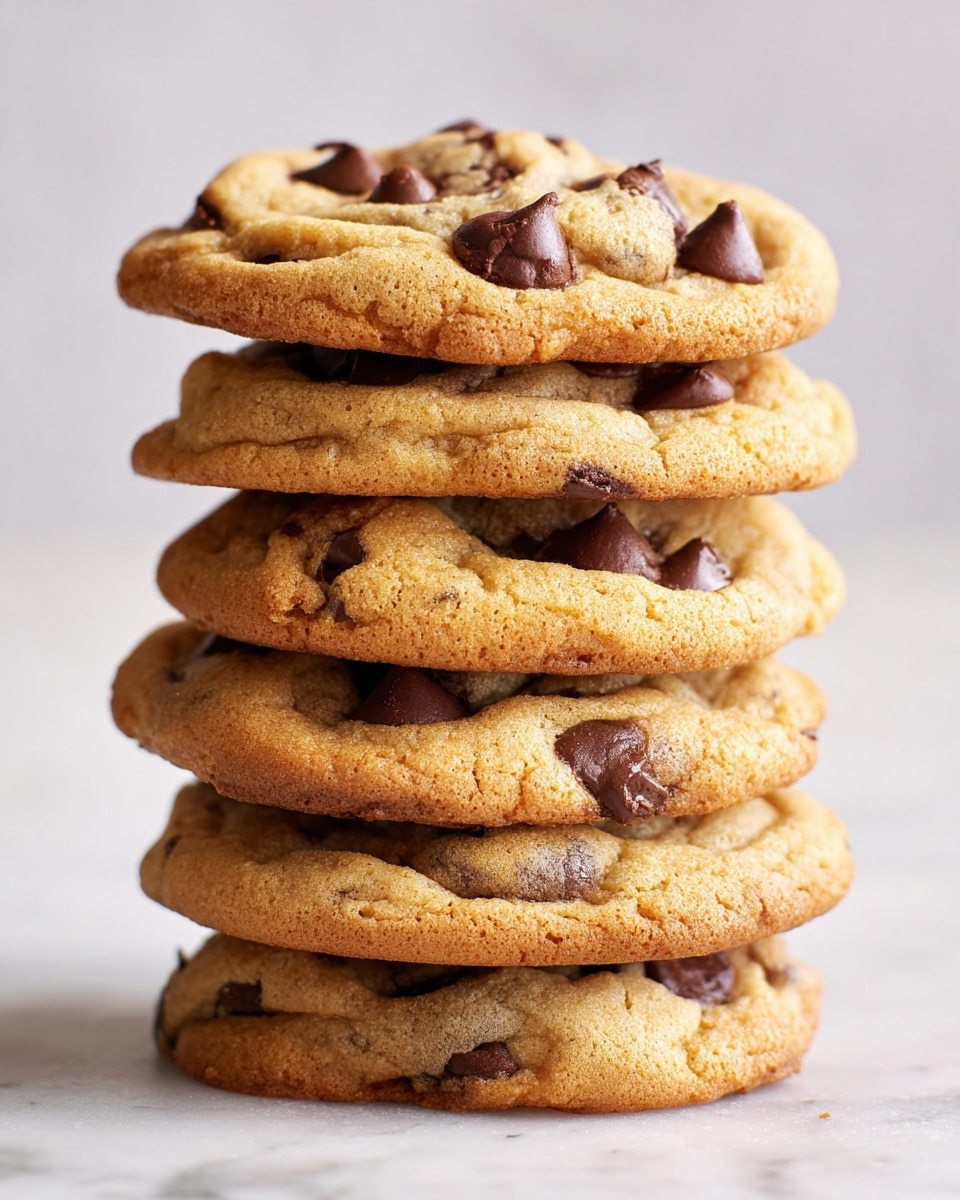 A stack of six golden-brown chocolate chip cookies is shown close up on a white marbled surface. Each cookie has a slightly uneven round shape with a soft, chewy texture and visible melted chocolate chips scattered on the top and sides. The cookies are stacked directly on top of each other, showing their thickness and slight cracks on the edges, highlighting a fresh and homemade feel. photo taken with an iphone --ar 4:5 --v 7