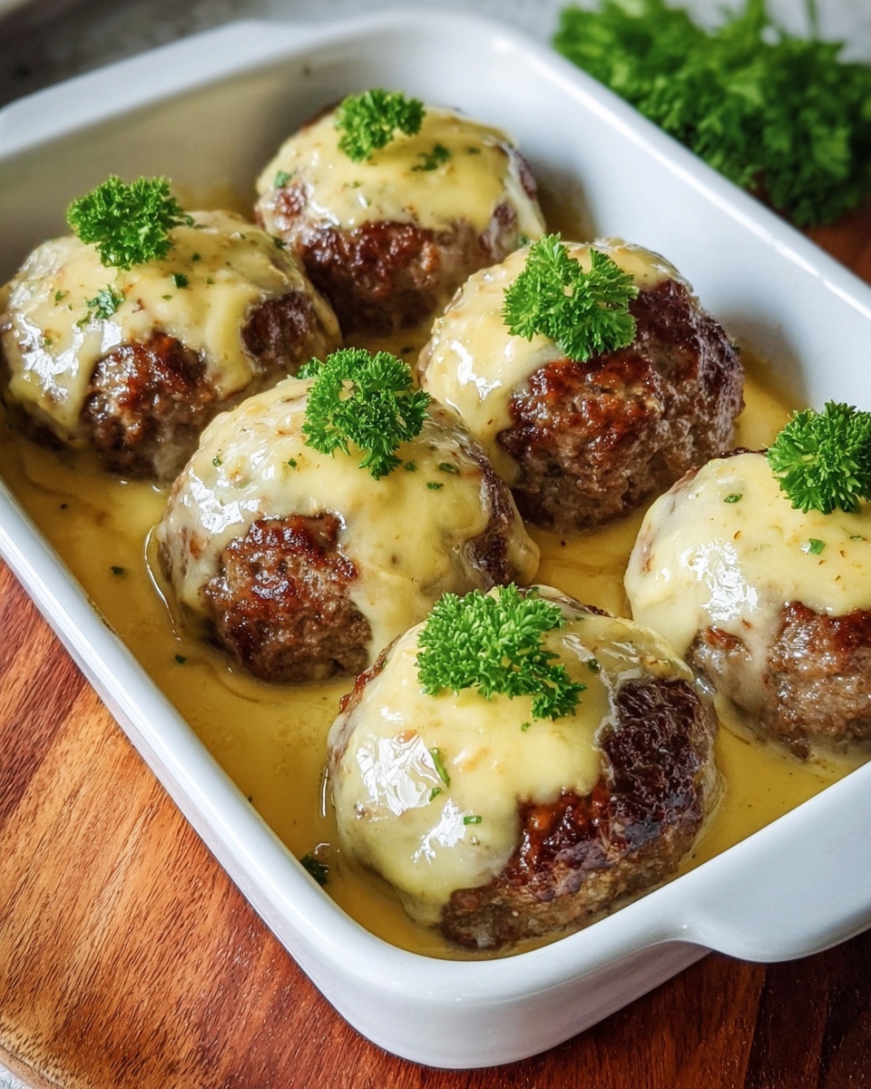 Six browned meat patties are in a white rectangular baking dish, each topped with a creamy light yellow cheese sauce that drips slightly down the sides. Each patty is garnished with a small bright green parsley sprig in the center. The dish sits on a wooden board that contrasts with the creamy sauce and the browned patties. The background shows a hint of green herbs but the main focus is on the rich, cheesy meat. photo taken with an iphone --ar 4:5 --v 7