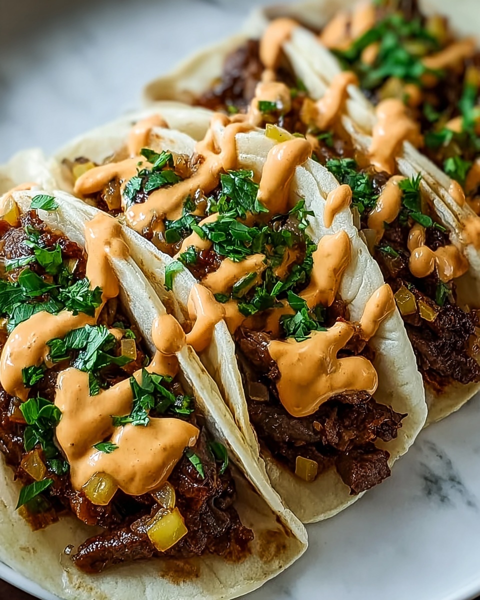 This image shows two tacos placed side by side on a white plate, set against a white marbled background. Each taco has a soft, white corn tortilla that slightly curves to hold the fillings. Inside, there is a layer of tender, dark brown grilled meat at the bottom. On top of the meat, a creamy light beige sauce is drizzled generously. There are crispy, small caramelized bits scattered over the sauce, adding a golden-brown texture. The tacos are finished with small, fresh green onion pieces sprinkled evenly over the sauce and meat. The overall look is rich in color contrast and texture. photo taken with an iphone --ar 4:5 --v 7