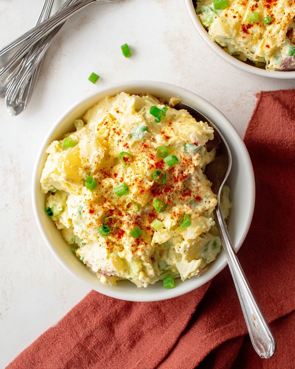 A white oval bowl is filled with creamy, chunky potato salad that has a pale yellow color from the dressing, mixed with small pieces of hard-boiled egg white and bits of green celery and green onion. The salad is sprinkled with finely chopped green onions and a light dusting of reddish paprika on top. A silver spoon is partially buried in the salad on the right side of the bowl. The bowl sits on a soft reddish-brown cloth on a white marbled surface, with a few small pieces of celery and green onion scattered around. photo taken with an iphone --ar 4:5 --v 7