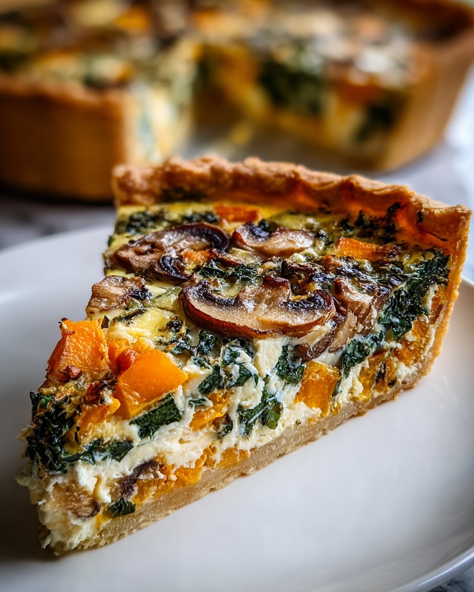 A close-up of a slice of vegetable quiche on a white plate, showing a golden-brown, thick crust around the edge. The filling has three distinct layers: the bottom is light beige crust, the middle is creamy and mixed with dark green kale pieces and bright orange chunks of roasted squash, and the top is dotted with browned, soft mushrooms and scattered green bits. The textures are creamy and slightly chunky with visible layers of vegetables. The background has a soft focus on more quiche slices against a white marbled surface. Photo taken with an iphone --ar 4:5 --v 7