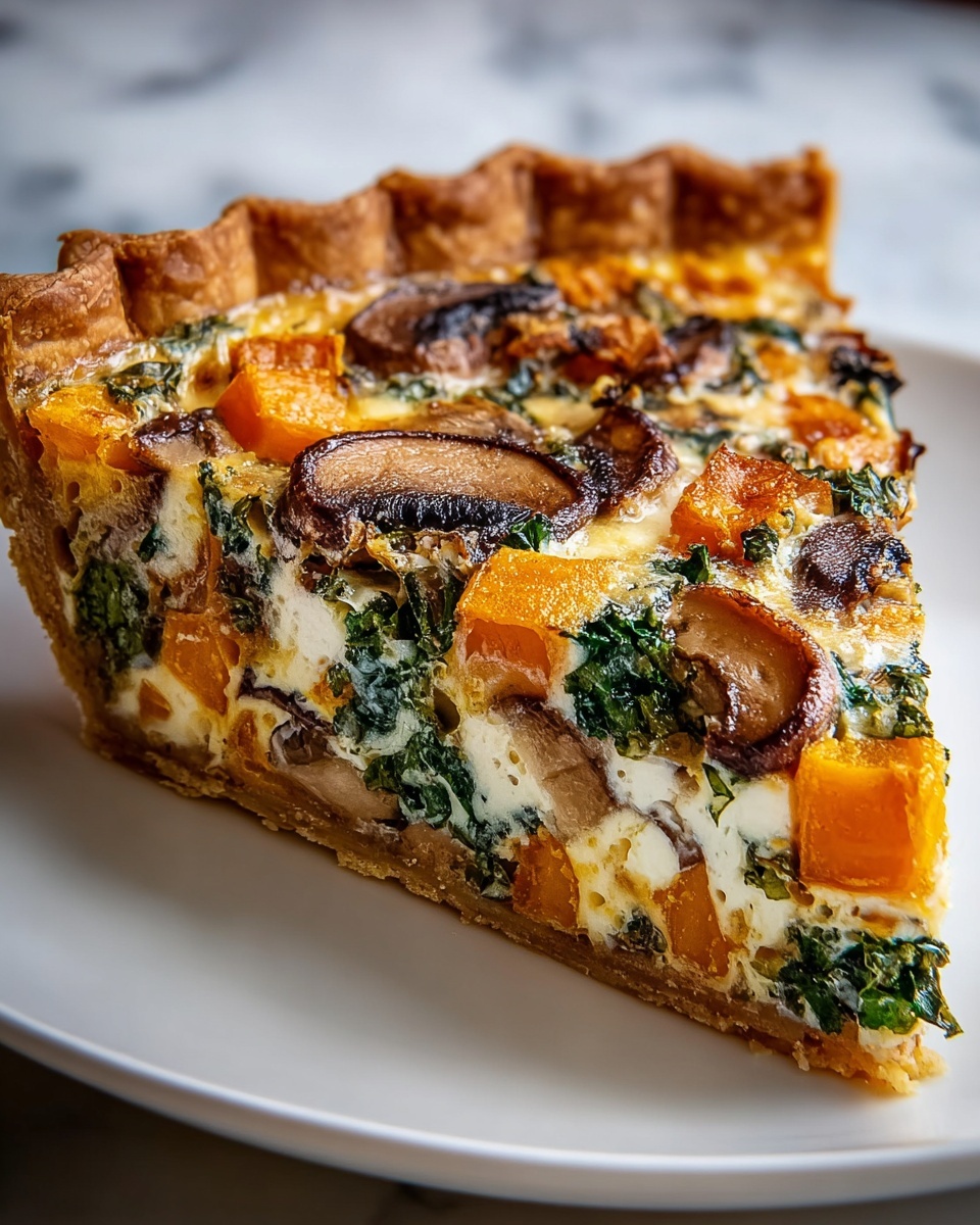 A slice of vegetable quiche sits on a white plate with a flaky golden crust forming the base and edges. The filling is thick with visible layers that include orange cubes of roasted squash, wilted dark green kale, sautéed brown mushrooms, and white creamy cheese or egg custard that holds everything together. The top layer has browned slices of mushrooms and roasted squash pieces scattered evenly, showing a slightly glossy finish. The background features a white marbled texture. photo taken with an iphone --ar 4:5 --v 7