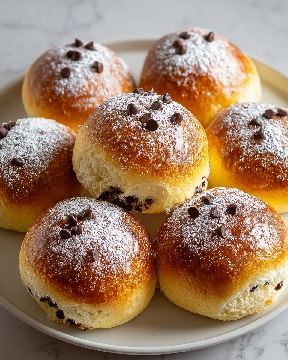 The image shows six round chocolate chip buns placed closely together on a white plate. Each bun has a shiny, golden-brown top layer with a light dusting of powdered sugar and several small dark chocolate chips scattered on it. The sides of the buns are soft and light yellow, and some chocolate chips are visible embedded in the dough near the base. The white plate rests on a white marbled surface that adds a clean, bright background to the scene. Photo taken with an iphone --ar 4:5 --v 7