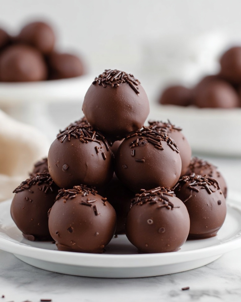 A small white plate holds a pyramid of smooth chocolate truffles, each round and covered in a shiny, dark brown chocolate coating. The truffles are topped with thin chocolate sprinkles scattered on their surfaces. The truffles have a slightly glossy texture with some small dimples. In the blurred background, more truffles rest in white bowls and plates on a white marbled surface. The whole scene is bright and clean, focusing on the rich chocolate balls stacked carefully together. photo taken with an iphone --ar 4:5 --v 7