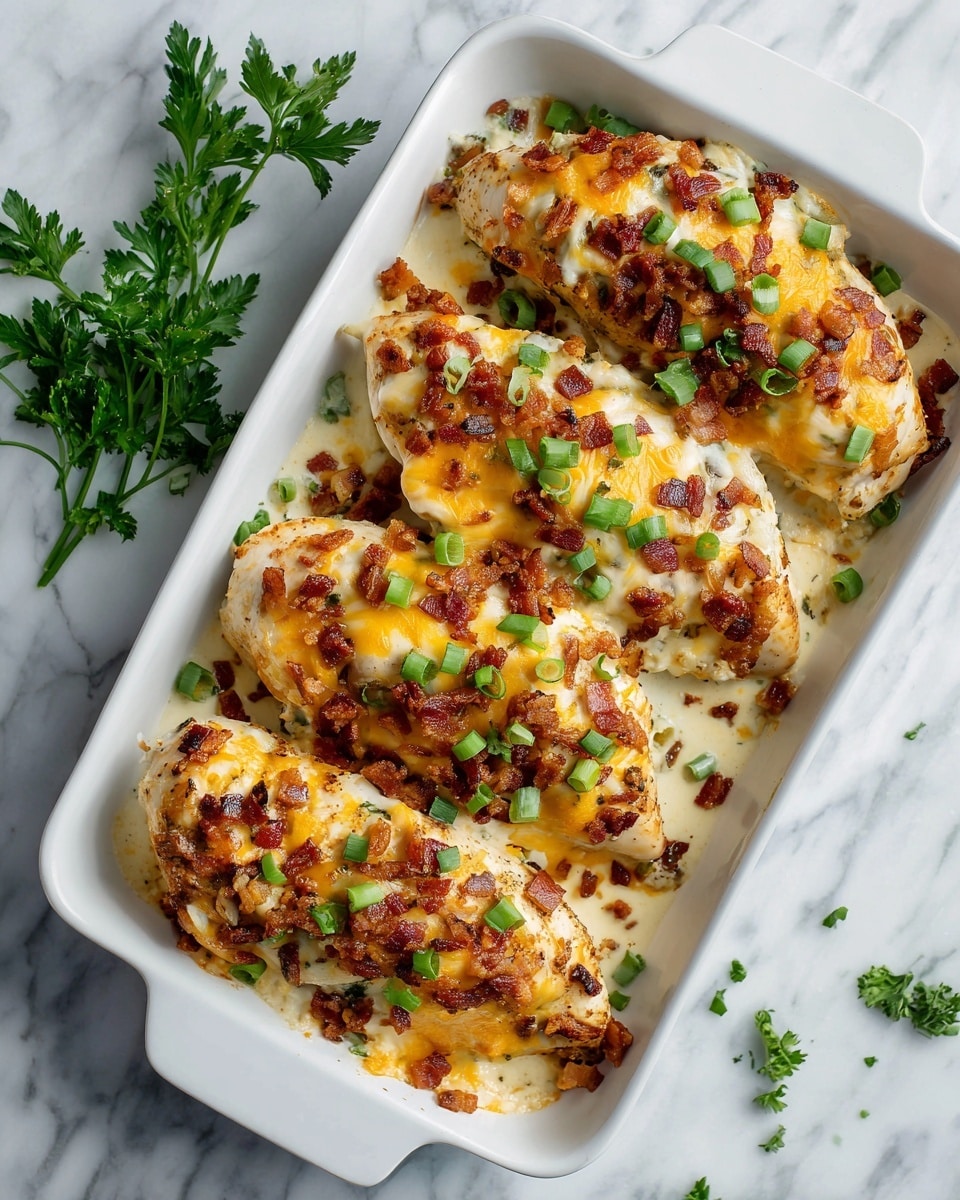 A white baking dish holds a layered dish starting with a base of cooked chicken breasts. On top, there is a thick layer of creamy white cheese mixed with bacon bits, creating a rough texture with crispy brown pieces. Melted cheddar cheese in bright orange covers the cheese and bacon mix, adding a smooth and gooey layer. Green chopped scallions are sprinkled evenly on top, adding fresh green color and a slight crunch. A shiny metal spoon scoops a portion from the dish, showing the layers clearly against a white marbled surface in the background. Photo taken with an iphone --ar 4:5 --v 7