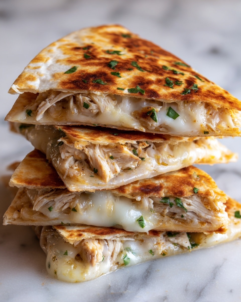 A close-up view of a stack of four grilled quesadilla triangles arranged one on top of the other. Each quesadilla layer has a golden-brown crispy tortilla on the outside, with a melting mix of white and yellow cheeses inside, visibly gooey and stretchy. Inside also shows chunks of tender, light brown cooked chicken evenly spread. Small green herb bits are scattered on top and inside the quesadillas, adding freshness. The stack sits on a surface with a white marbled texture. Photo taken with an iphone --ar 4:5 --v 7