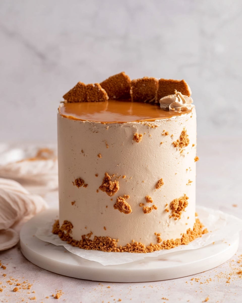 A tall, round cake with smooth, light beige frosting covers all sides. The frosting is decorated with small clumps and scattered crumbs of golden brown biscuit all around the cake. The top has a smooth layer of glossy caramel-colored topping, with broken biscuit pieces placed on one side of the top edge. The cake sits on white parchment paper, placed on a white circular marble board, all set against a white marbled texture background. Photo taken with an iphone --ar 4:5 --v 7