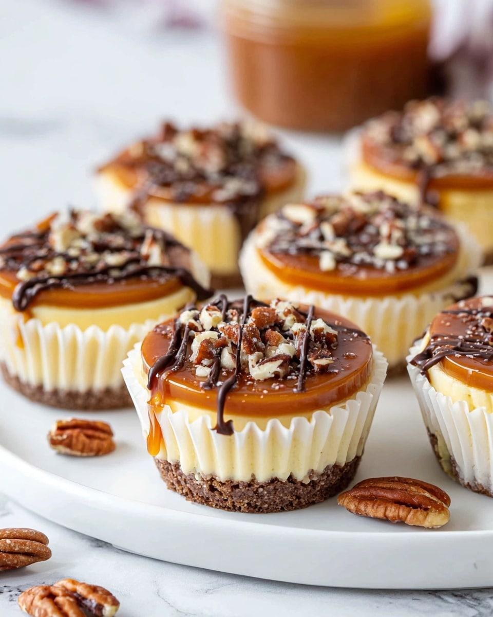 The image shows several small cheesecakes in white paper liners, arranged on a white plate with a white marbled background. Each cheesecake has three layers: a thin brown crust at the bottom, a thick creamy yellowish cheesecake middle layer, and a smooth caramel-colored top layer. On top of the caramel layer, there is a dark chocolate drizzle and crushed pecans scattered evenly over the surface. The cheesecakes are close together, with some pecan pieces scattered on the white marbled surface around the plate. In the blurred background, there is a jar with caramel sauce. photo taken with an iphone --ar 4:5 --v 7