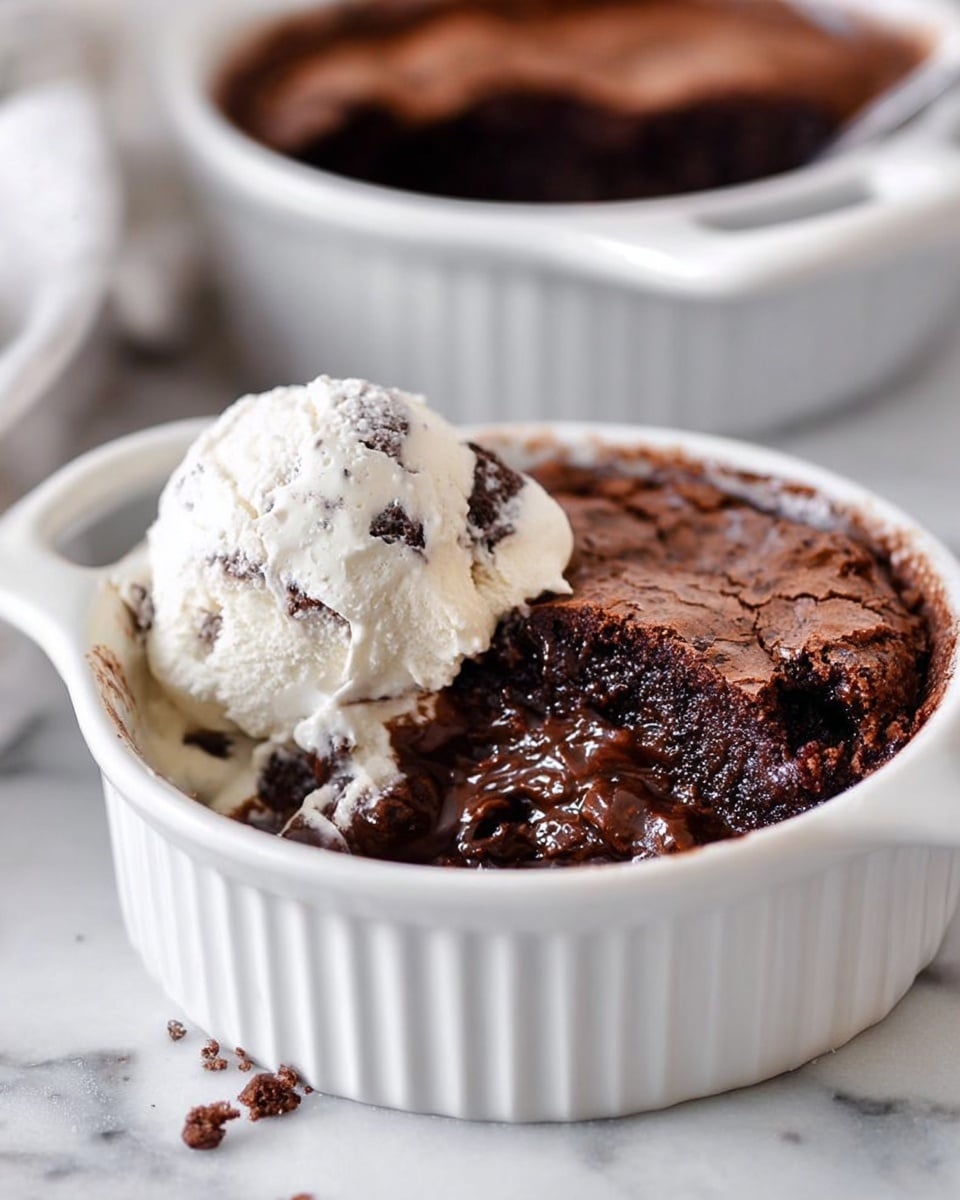The image shows a white ceramic dish filled with a warm chocolate dessert that has a cracked, slightly crispy top layer and a gooey, melted chocolate layer underneath. On one side of the dessert is a scoop of creamy white ice cream with chocolate chunks swirled inside, resting partly on the chocolate dessert. In the background, there is a white dish with handles, indicating more of the same dessert. The surface is a white marbled texture. photo taken with an iphone --ar 4:5 --v 7
