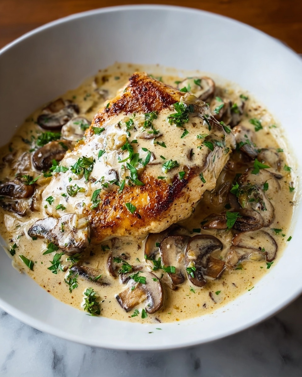 A close-up of a white bowl holds a dish with one thick piece of browned chicken breast at the center, covered with a creamy mushroom sauce. The sauce, light beige with black pepper specks, surrounds the chicken and pools at the bottom of the bowl, with sliced brown mushrooms scattered both on top and around it. Fresh green herbs are sprinkled over the sauce and chicken, adding a pop of color and freshness. The bowl is placed on a white marbled surface. photo taken with an iphone --ar 4:5 --v 7
