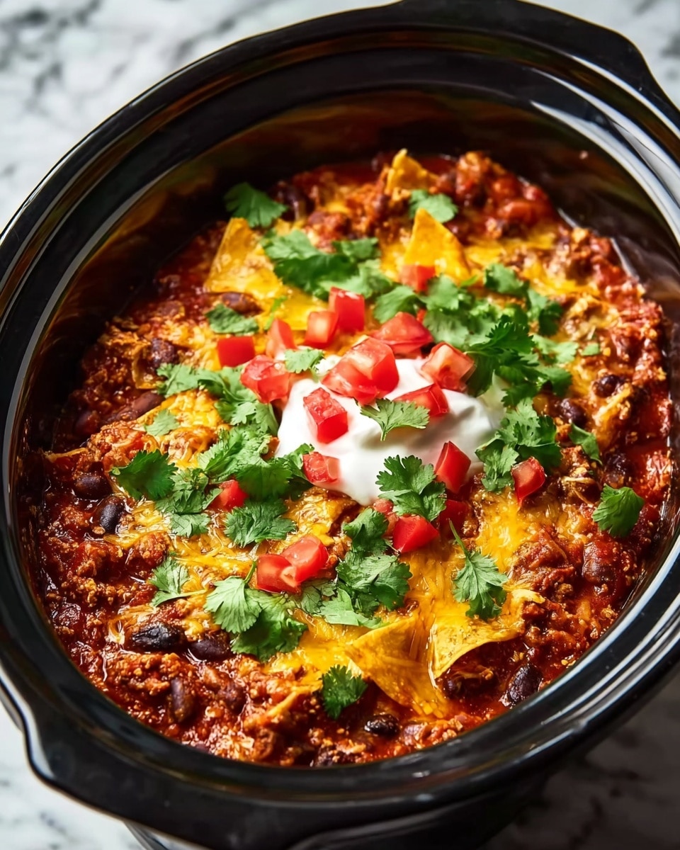 The image shows a black slow cooker filled with a layered dish. The bottom layer is a rich red sauce mixed with browned ground meat and black beans, creating a chunky texture. On top of this is a melted layer of yellow and white cheese, bubbling and spread evenly. Scattered across the cheese are fresh green cilantro leaves and bright red chunks of tomato. In the center, there is a dollop of white sour cream with more cilantro and tomato pieces on it. The dish looks hot and freshly cooked, with steam rising gently. The slow cooker sits on a white marbled surface. photo taken with an iphone --ar 4:5 --v 7