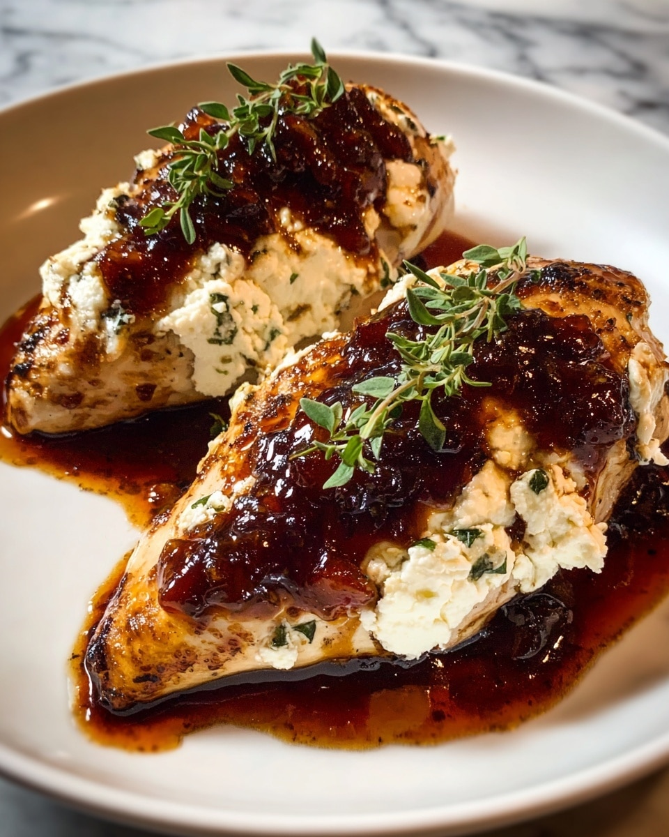 Two pieces of cooked chicken breast sit on a white plate, each topped with a thick layer of white, creamy cheese that has a crumbly texture. Over the cheese, there is a glossy, dark red-brown sauce with a slightly chunky texture, spreading down the sides of the chicken and pooling on the plate. At the top of each piece of chicken, there is a small sprig of fresh green herb, adding a touch of color and freshness. The chicken skin has a golden-brown, slightly crispy appearance with a few charred spots. The whole scene is set against a white marbled surface. photo taken with an iphone --ar 4:5 --v 7